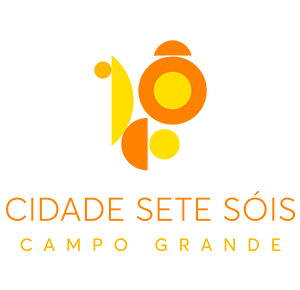 Logo da smart cidade Sete Sóis em Campo Grande nas cores laranja e amarelo. 